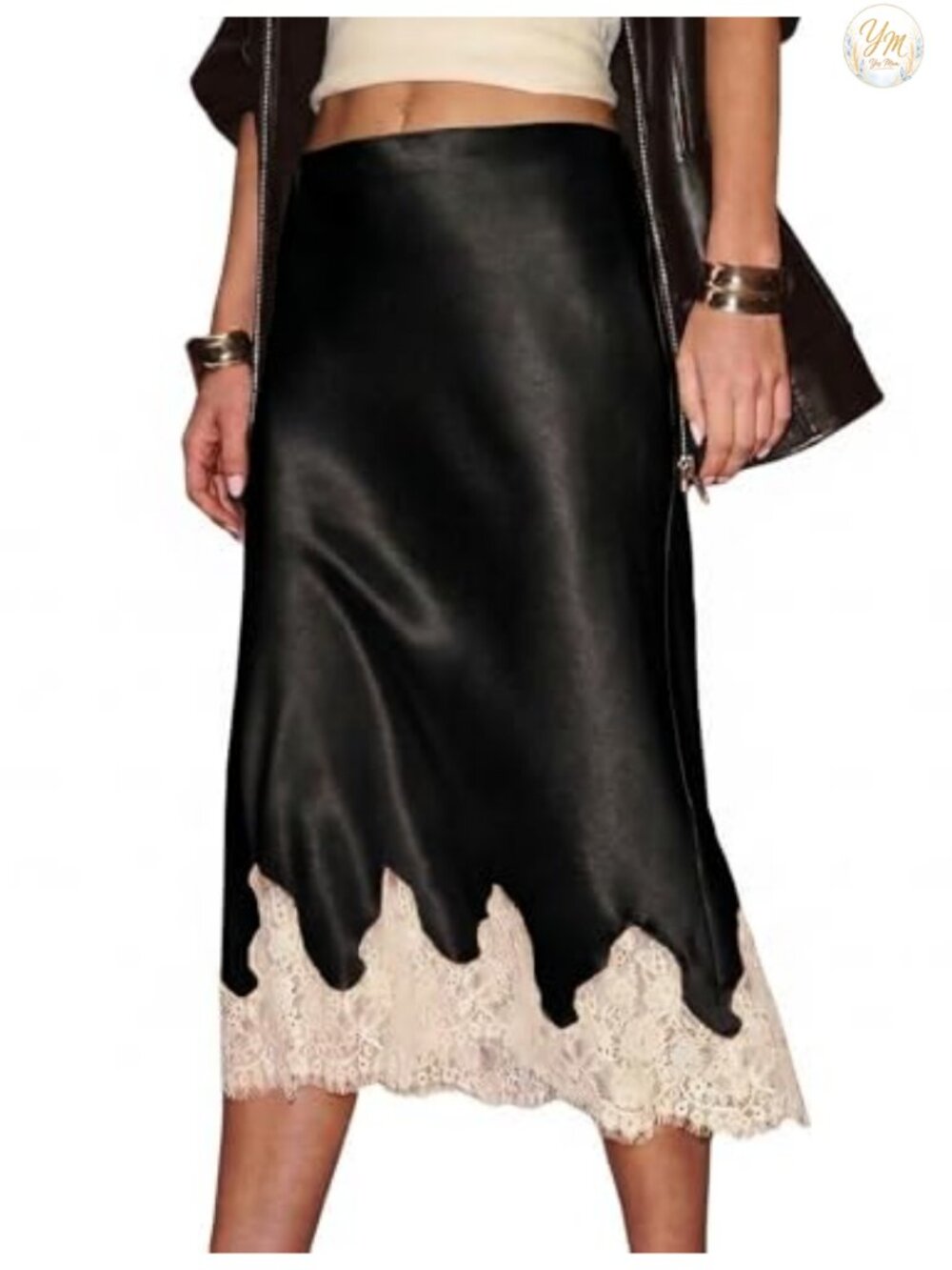 Satin Midi Skirt Lace Trim A-Line Flowy Silk Feel